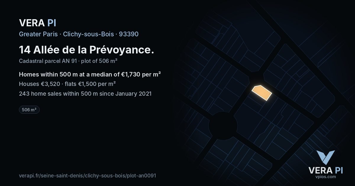 14 Allée de la Prévoyance, Clichy-sous-Bois at night – the plot lit, the parcels around coloured by the prices near them