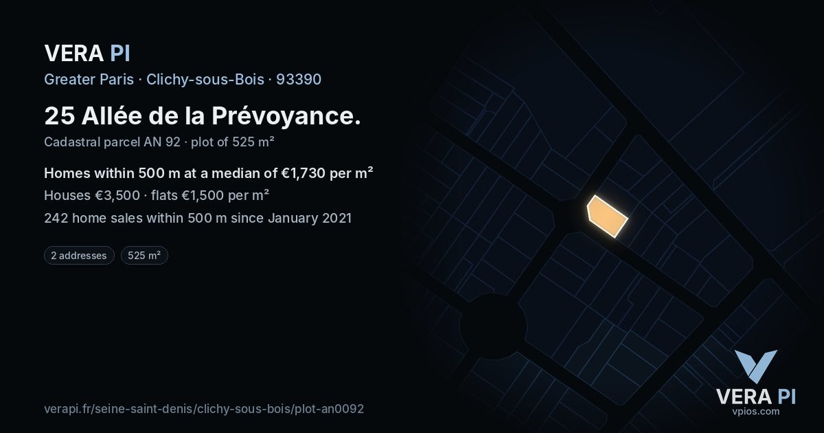 25 Allée de la Prévoyance, Clichy-sous-Bois at night – the plot lit, the parcels around coloured by the prices near them