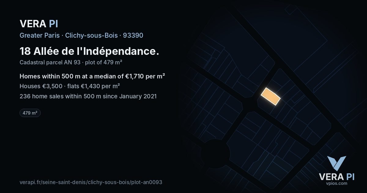 18 Allée de l'Indépendance, Clichy-sous-Bois at night – the plot lit, the parcels around coloured by the prices near them