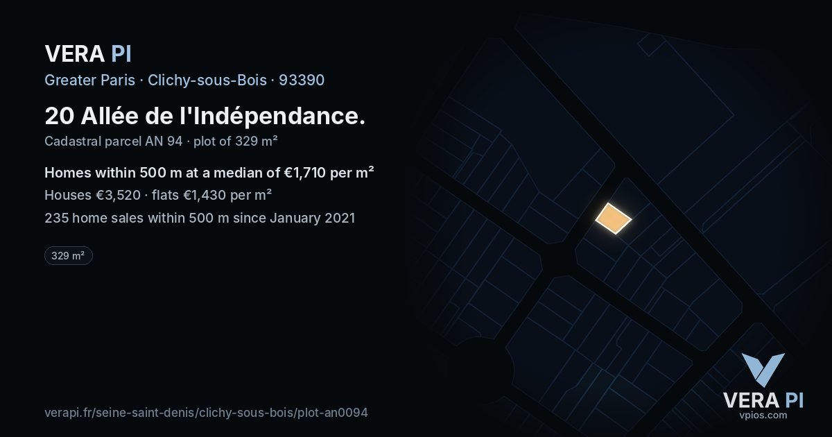 20 Allée de l'Indépendance, Clichy-sous-Bois at night – the plot lit, the parcels around coloured by the prices near them