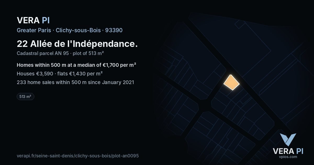 22 Allée de l'Indépendance, Clichy-sous-Bois at night – the plot lit, the parcels around coloured by the prices near them