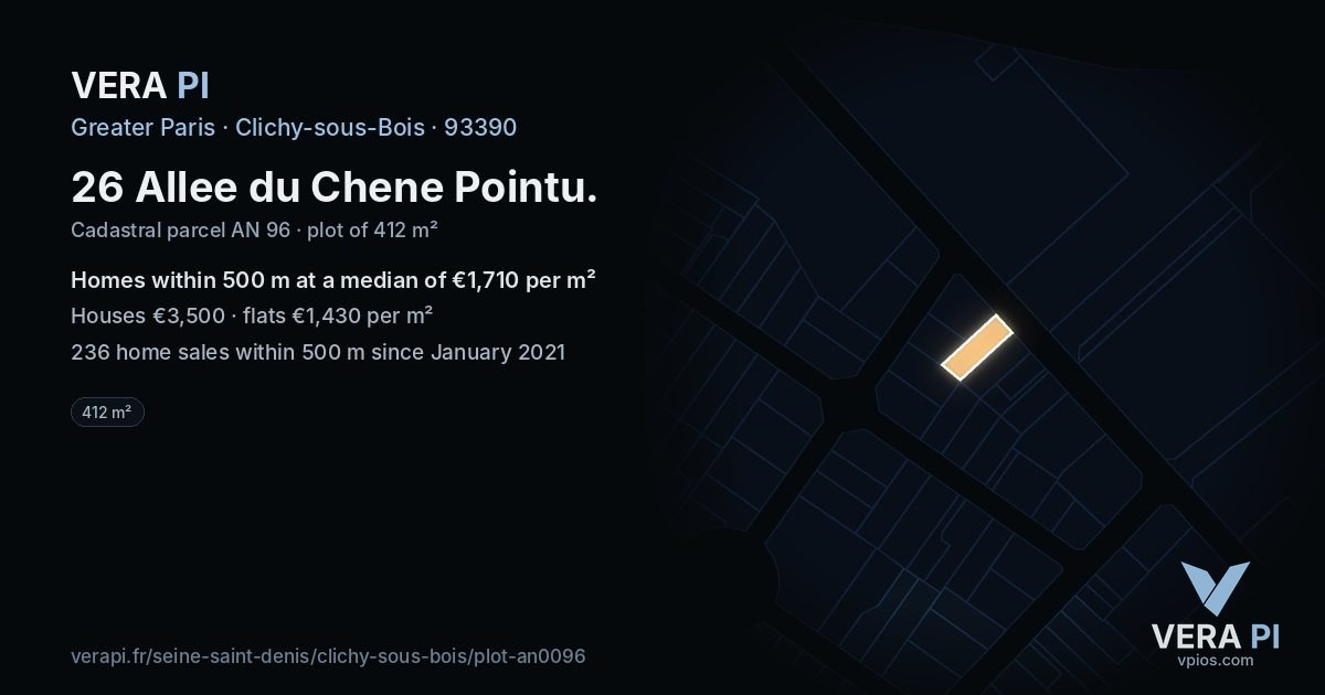 26 Allee du Chene Pointu, Clichy-sous-Bois at night – the plot lit, the parcels around coloured by the prices near them