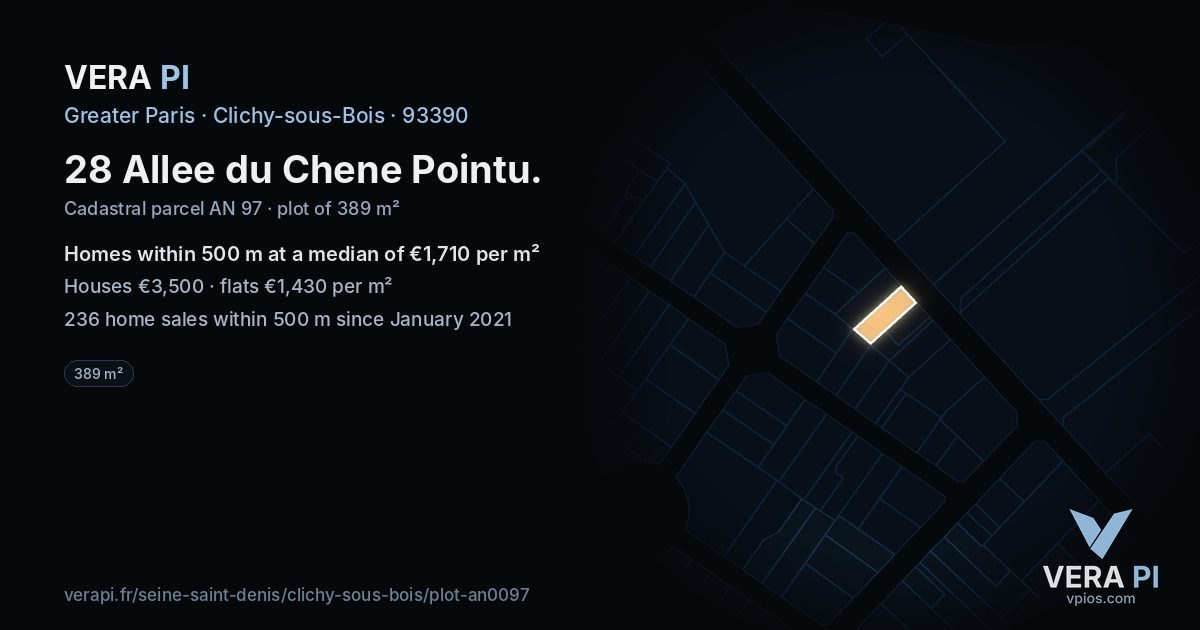 28 Allee du Chene Pointu, Clichy-sous-Bois at night – the plot lit, the parcels around coloured by the prices near them