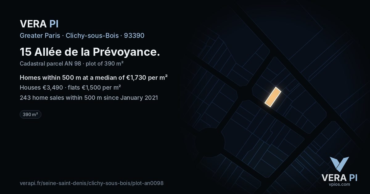 15 Allée de la Prévoyance, Clichy-sous-Bois at night – the plot lit, the parcels around coloured by the prices near them