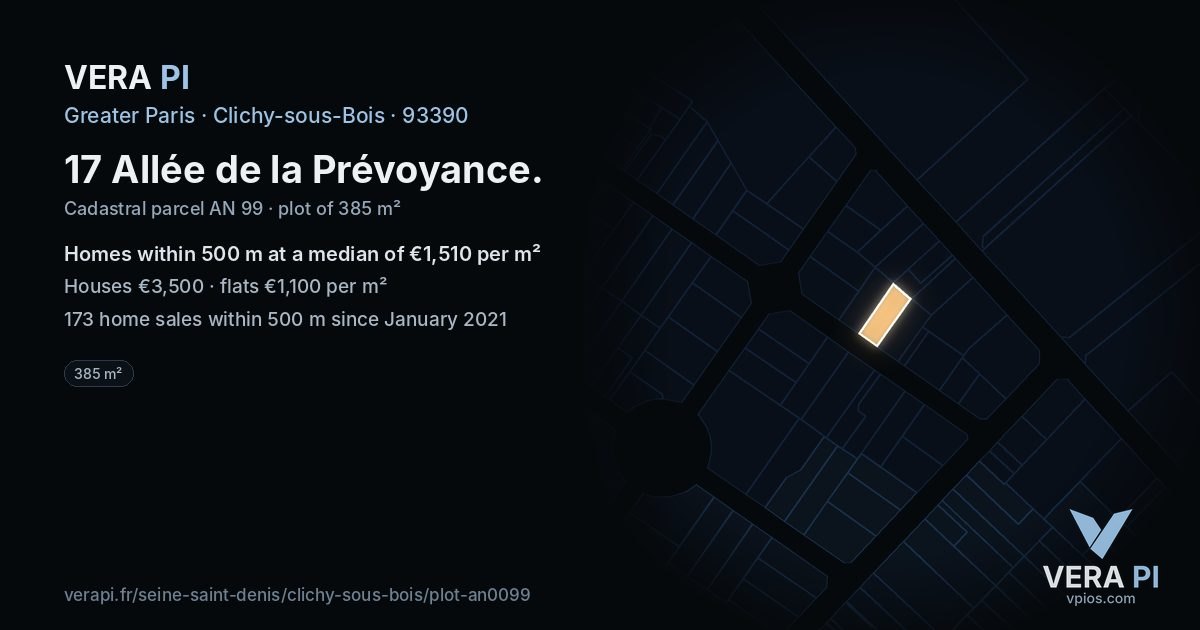 17 Allée de la Prévoyance, Clichy-sous-Bois at night – the plot lit, the parcels around coloured by the prices near them
