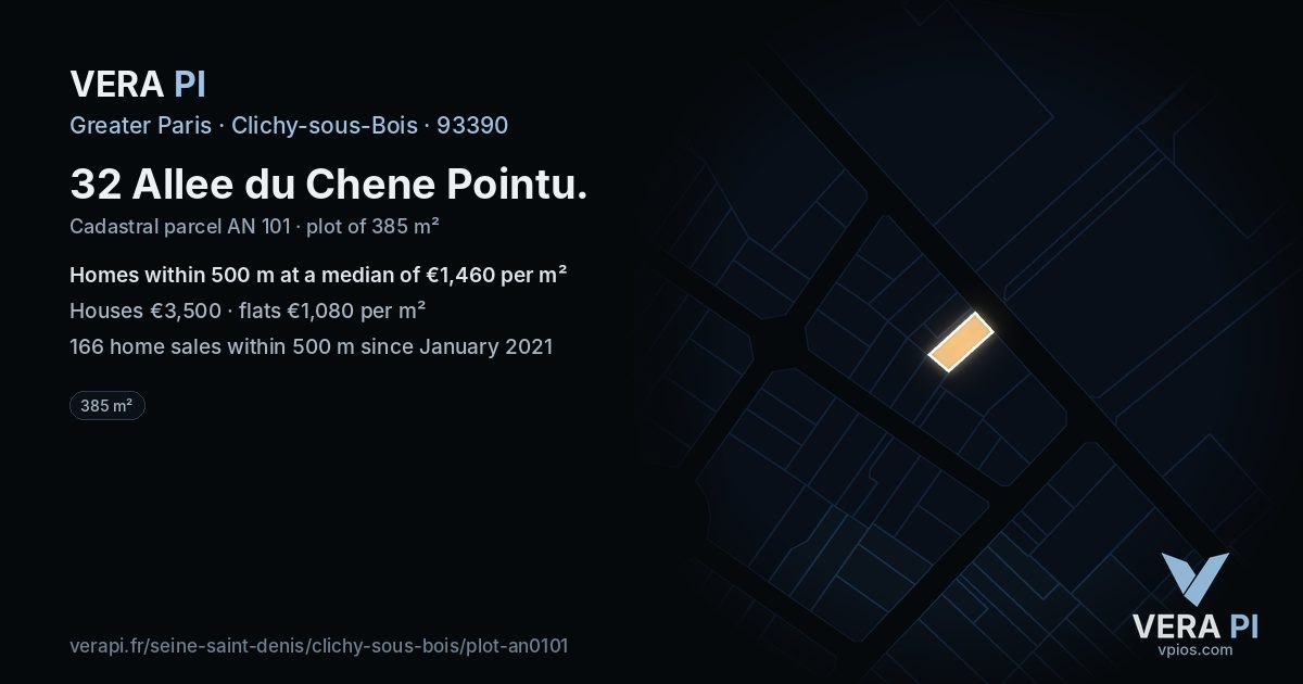 32 Allee du Chene Pointu, Clichy-sous-Bois at night – the plot lit, the parcels around coloured by the prices near them