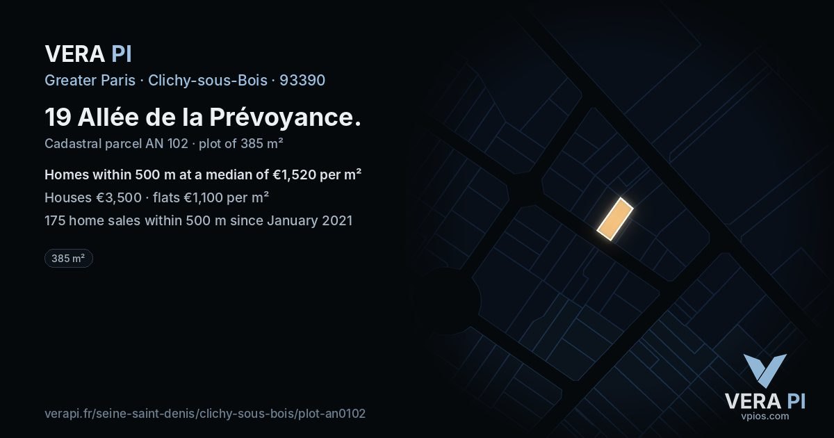 19 Allée de la Prévoyance, Clichy-sous-Bois at night – the plot lit, the parcels around coloured by the prices near them