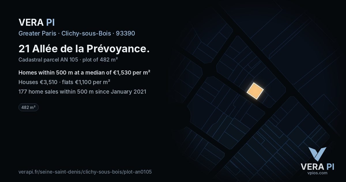 21 Allée de la Prévoyance, Clichy-sous-Bois at night – the plot lit, the parcels around coloured by the prices near them