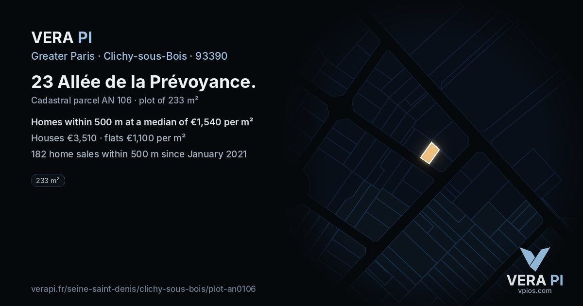 23 Allée de la Prévoyance, Clichy-sous-Bois at night – the plot lit, the parcels around coloured by the prices near them