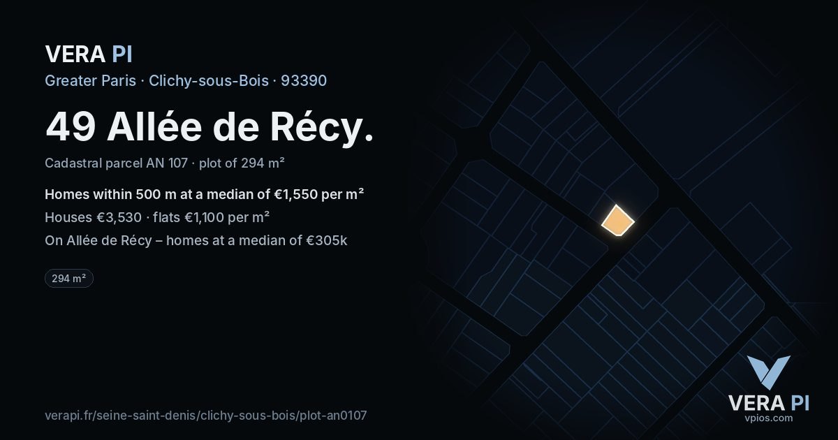 49 Allée de Récy, Clichy-sous-Bois at night – the plot lit, the parcels around coloured by the prices near them