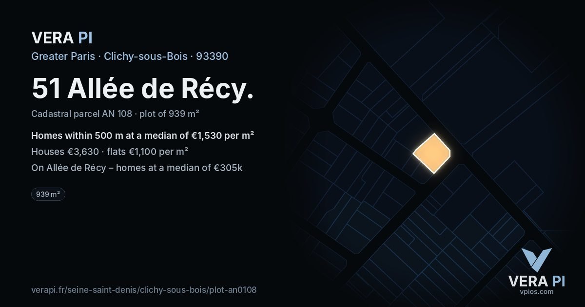 51 Allée de Récy, Clichy-sous-Bois at night – the plot lit, the parcels around coloured by the prices near them