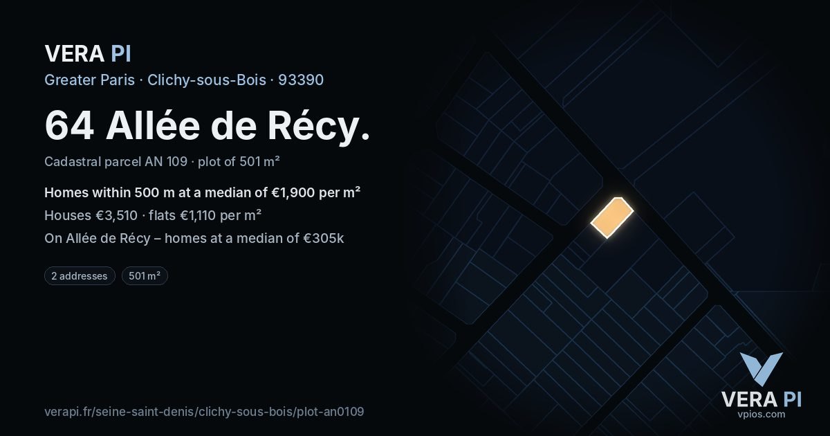 64 Allée de Récy, Clichy-sous-Bois at night – the plot lit, the parcels around coloured by the prices near them