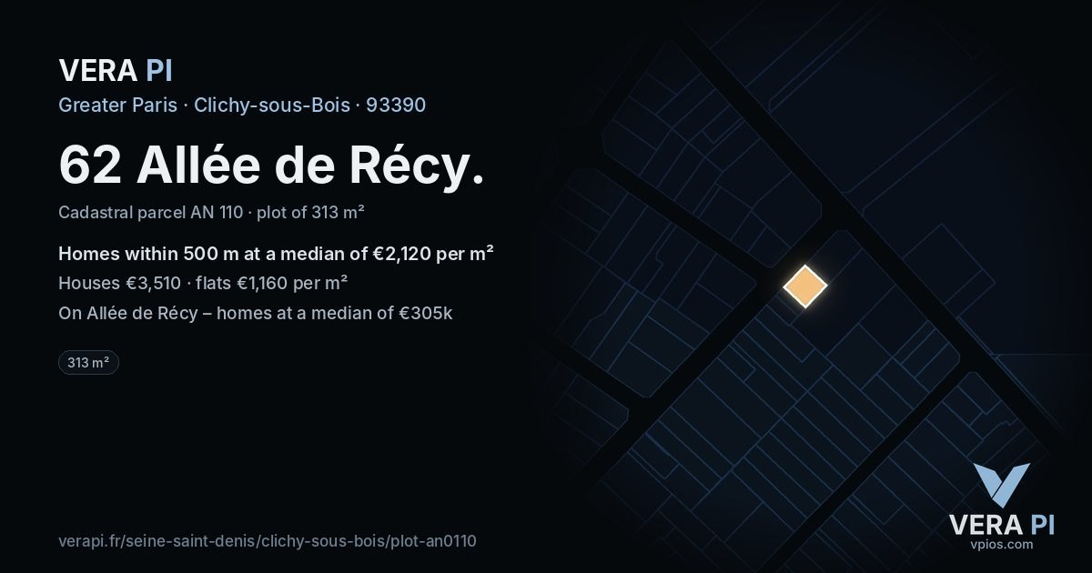 62 Allée de Récy, Clichy-sous-Bois at night – the plot lit, the parcels around coloured by the prices near them