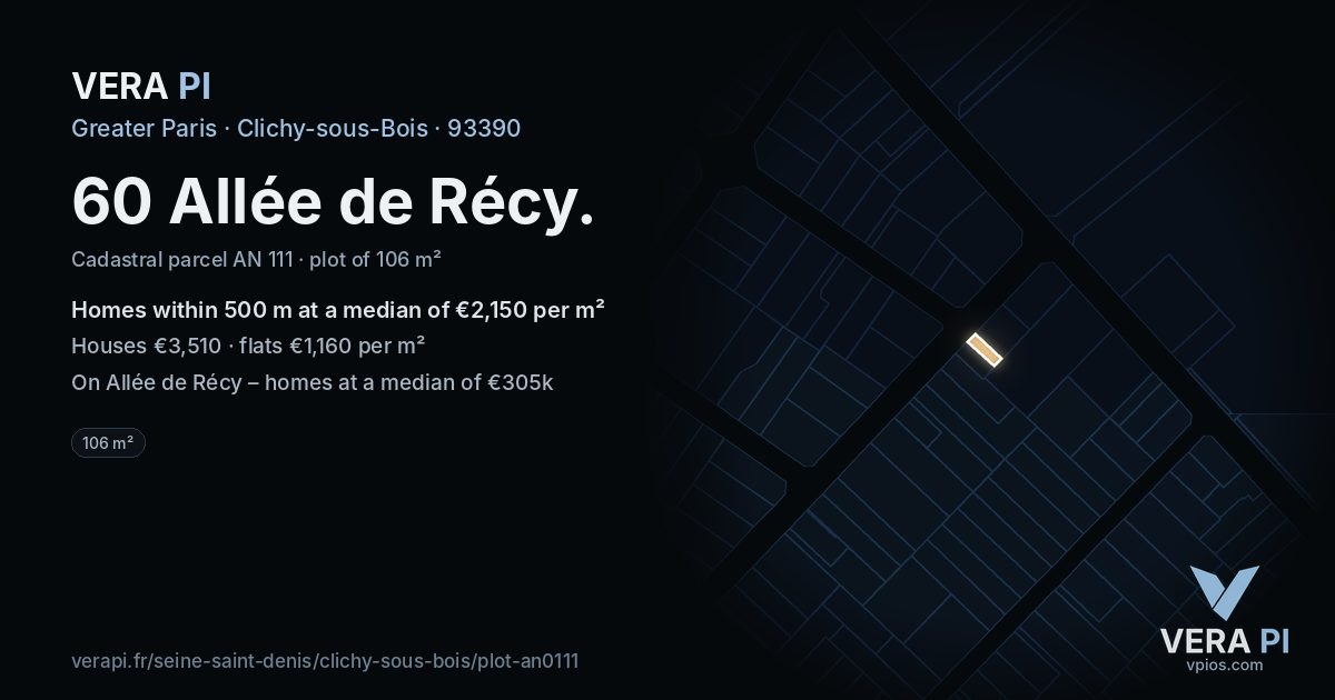 60 Allée de Récy, Clichy-sous-Bois at night – the plot lit, the parcels around coloured by the prices near them