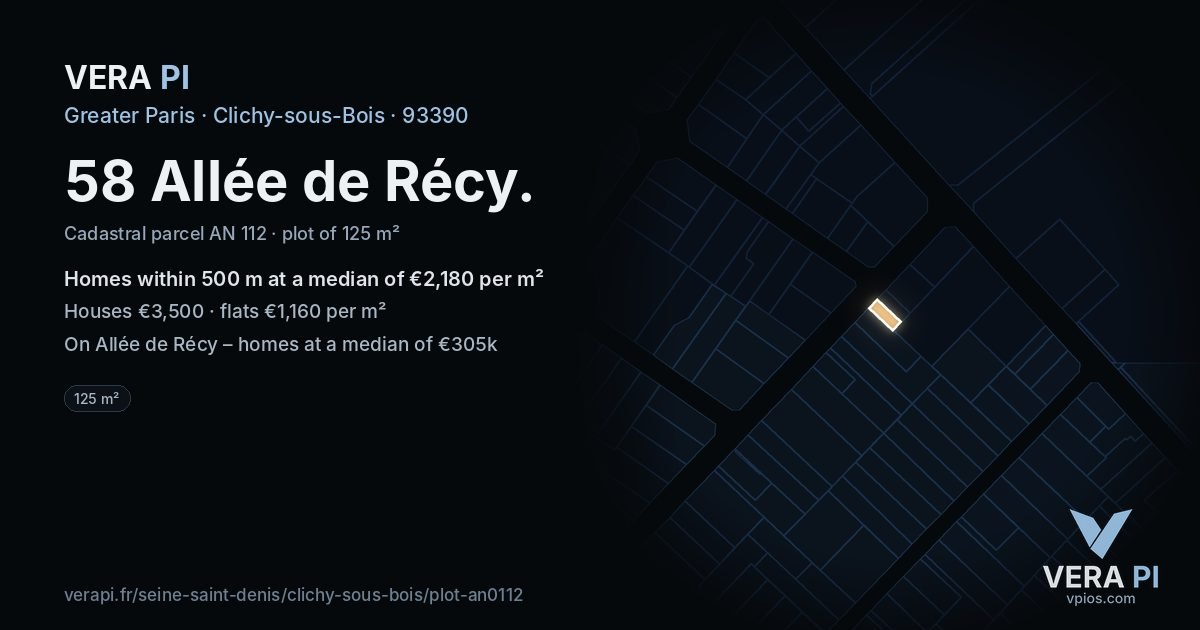 58 Allée de Récy, Clichy-sous-Bois at night – the plot lit, the parcels around coloured by the prices near them