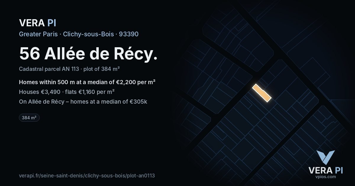 56 Allée de Récy, Clichy-sous-Bois at night – the plot lit, the parcels around coloured by the prices near them
