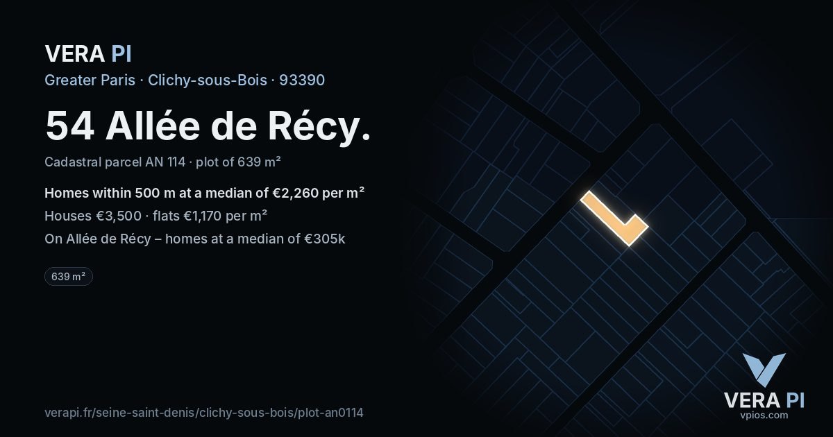 54 Allée de Récy, Clichy-sous-Bois at night – the plot lit, the parcels around coloured by the prices near them