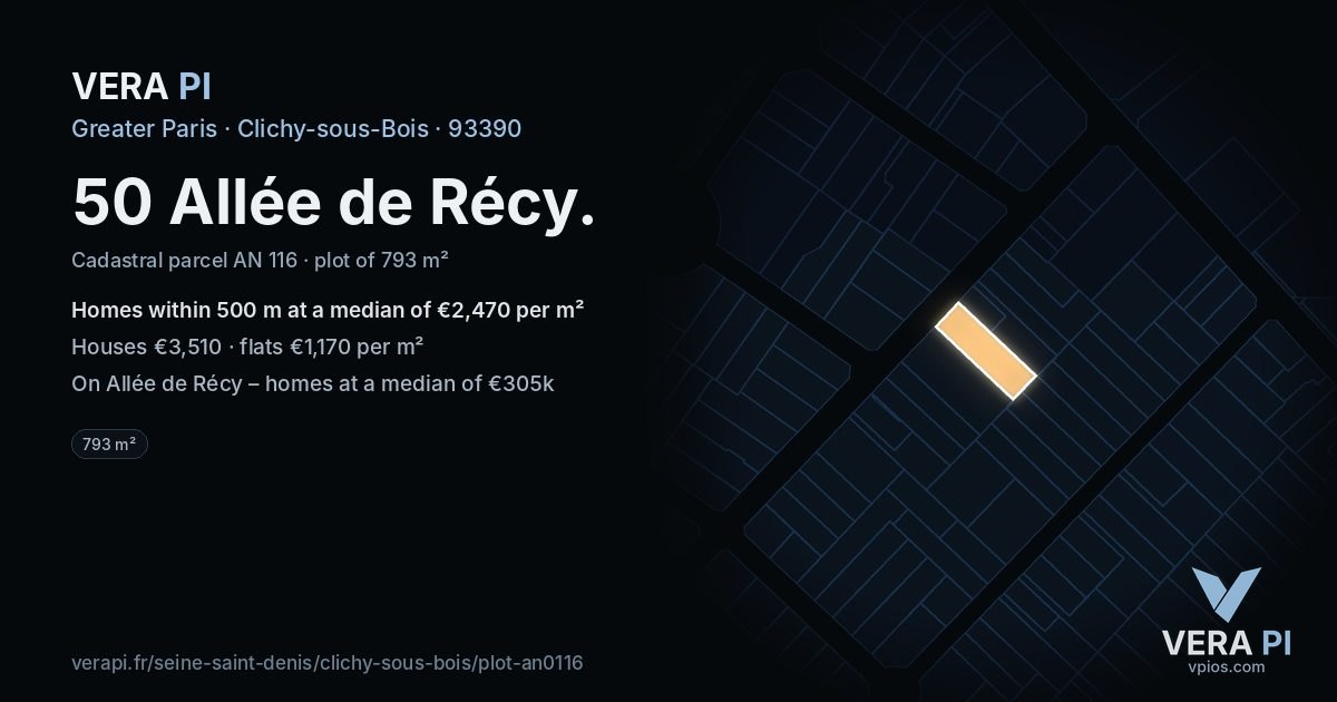 50 Allée de Récy, Clichy-sous-Bois at night – the plot lit, the parcels around coloured by the prices near them