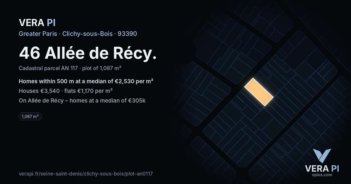 46 Allée de Récy, Clichy-sous-Bois at night – the plot lit, the parcels around coloured by the prices near them