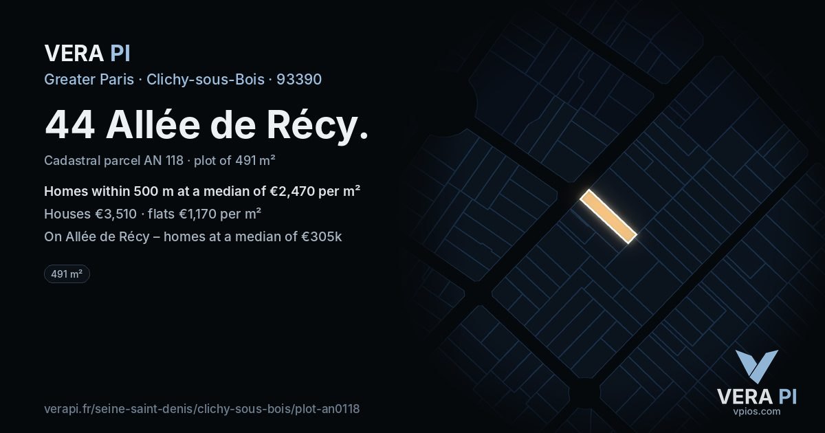 44 Allée de Récy, Clichy-sous-Bois at night – the plot lit, the parcels around coloured by the prices near them
