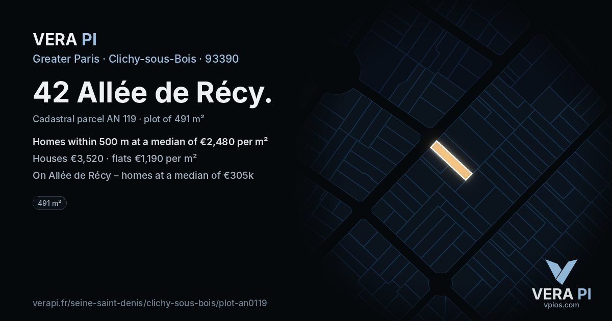 42 Allée de Récy, Clichy-sous-Bois at night – the plot lit, the parcels around coloured by the prices near them