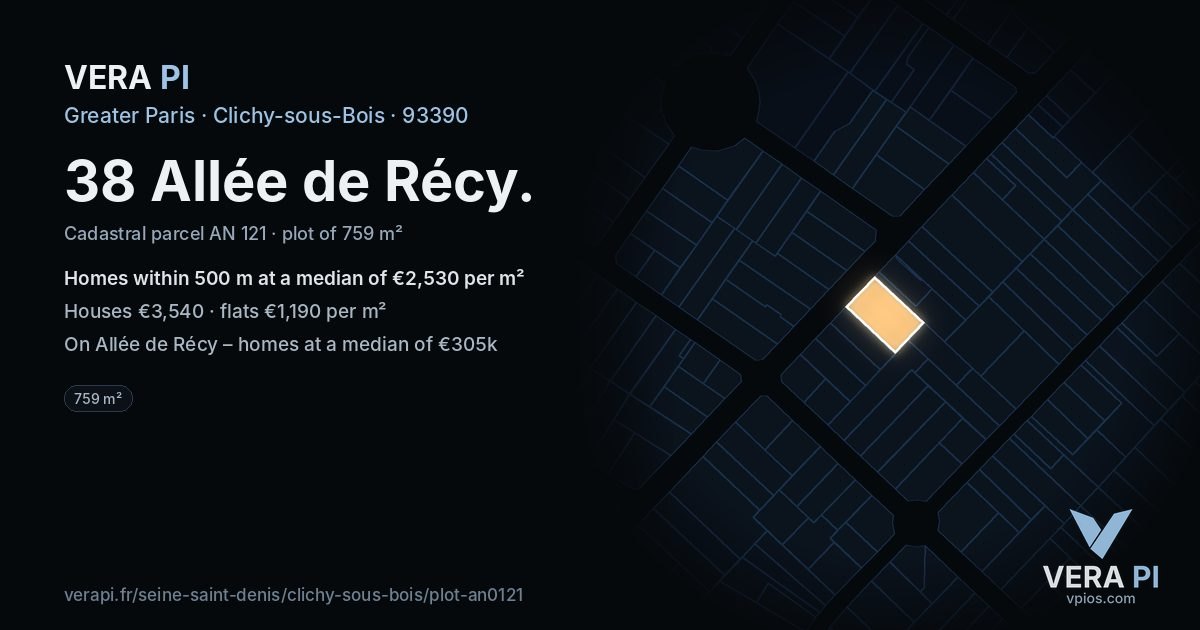 38 Allée de Récy, Clichy-sous-Bois at night – the plot lit, the parcels around coloured by the prices near them