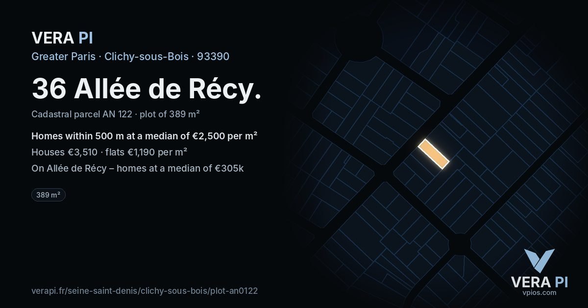 36 Allée de Récy, Clichy-sous-Bois at night – the plot lit, the parcels around coloured by the prices near them