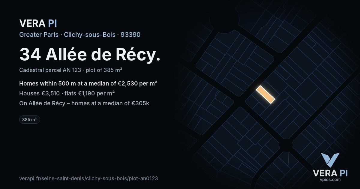 34 Allée de Récy, Clichy-sous-Bois at night – the plot lit, the parcels around coloured by the prices near them