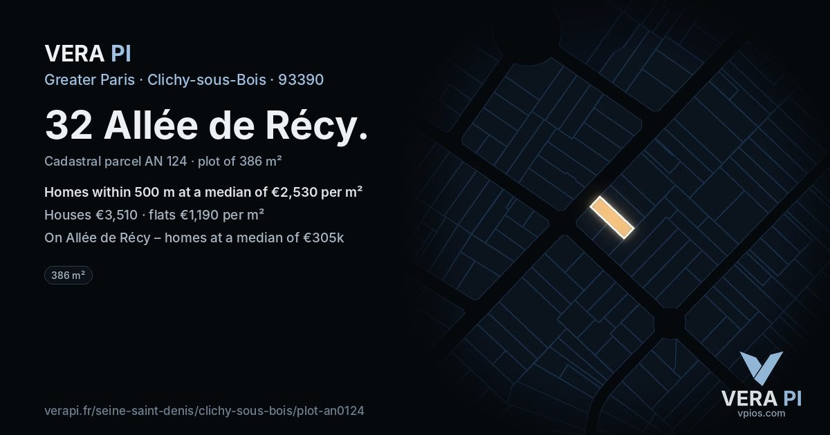 32 Allée de Récy, Clichy-sous-Bois at night – the plot lit, the parcels around coloured by the prices near them