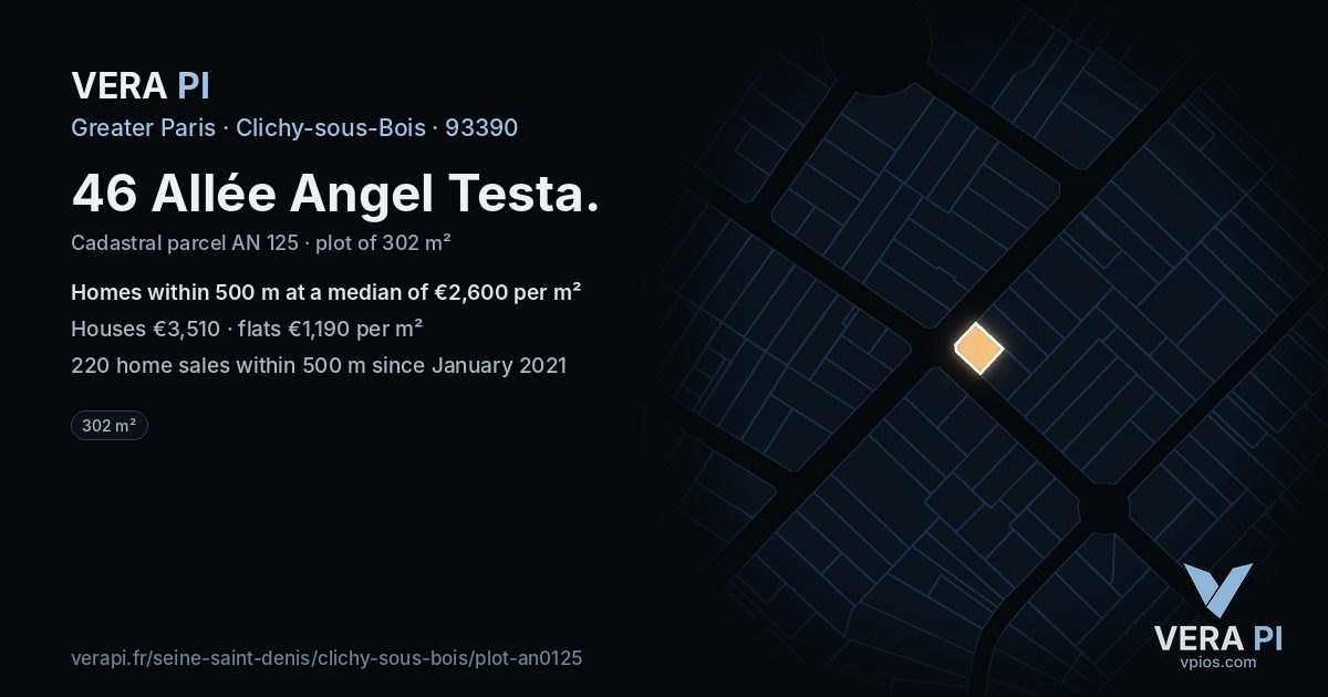 46 Allée Angel Testa, Clichy-sous-Bois at night – the plot lit, the parcels around coloured by the prices near them