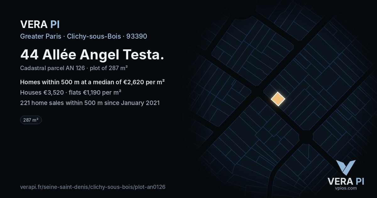 44 Allée Angel Testa, Clichy-sous-Bois at night – the plot lit, the parcels around coloured by the prices near them