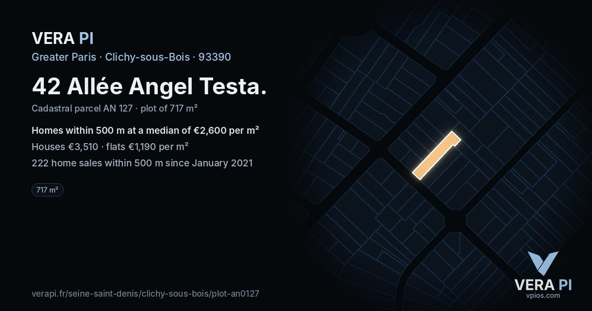42 Allée Angel Testa, Clichy-sous-Bois at night – the plot lit, the parcels around coloured by the prices near them