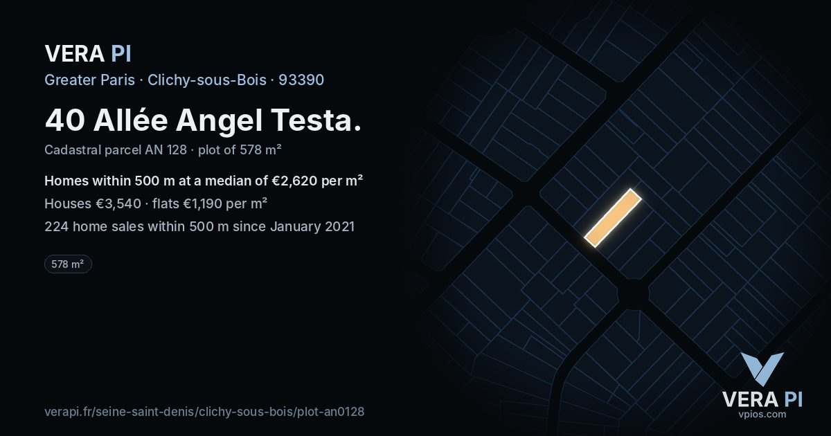 40 Allée Angel Testa, Clichy-sous-Bois at night – the plot lit, the parcels around coloured by the prices near them