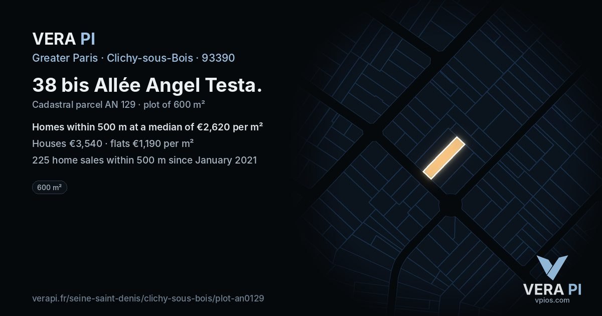 38 bis Allée Angel Testa, Clichy-sous-Bois at night – the plot lit, the parcels around coloured by the prices near them