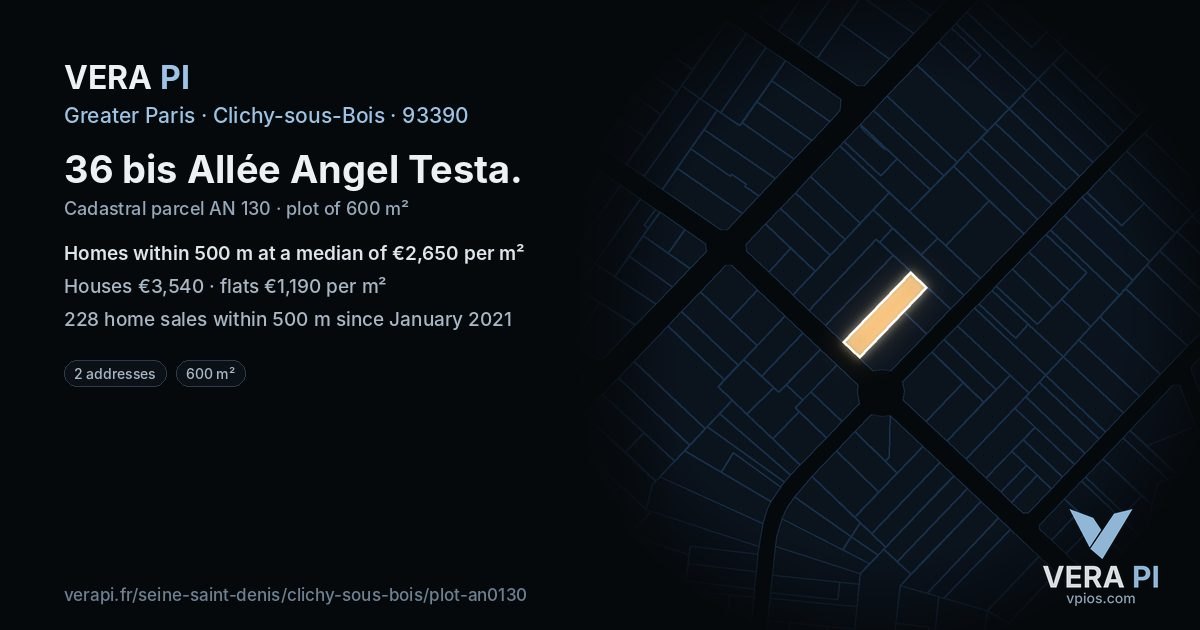 36 bis Allée Angel Testa, Clichy-sous-Bois at night – the plot lit, the parcels around coloured by the prices near them