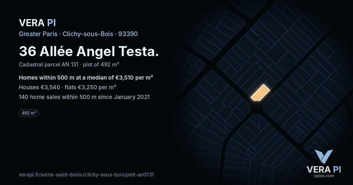36 Allée Angel Testa, Clichy-sous-Bois at night – the plot lit, the parcels around coloured by the prices near them