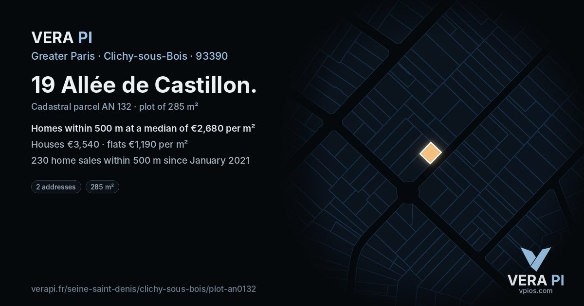 19 Allée de Castillon, Clichy-sous-Bois at night – the plot lit, the parcels around coloured by the prices near them