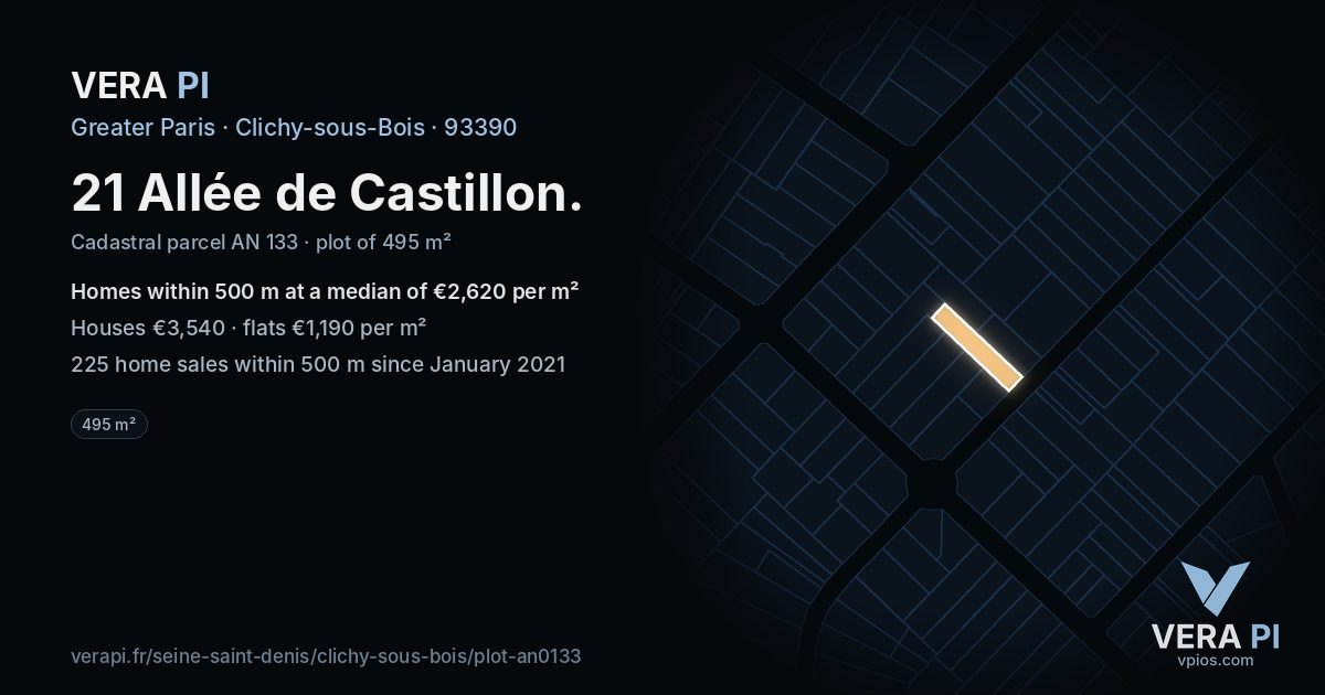 21 Allée de Castillon, Clichy-sous-Bois at night – the plot lit, the parcels around coloured by the prices near them