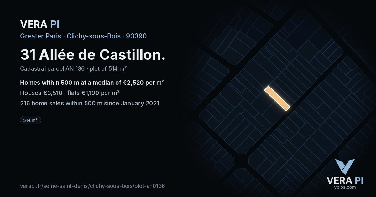 31 Allée de Castillon, Clichy-sous-Bois at night – the plot lit, the parcels around coloured by the prices near them