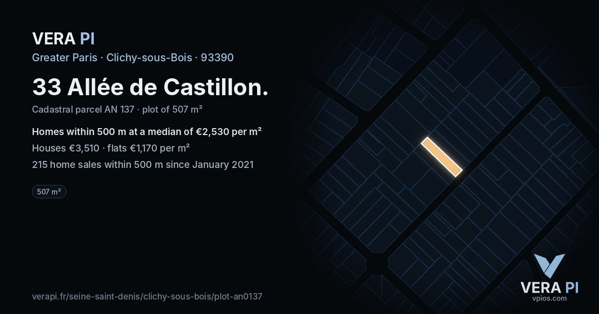 33 Allée de Castillon, Clichy-sous-Bois at night – the plot lit, the parcels around coloured by the prices near them