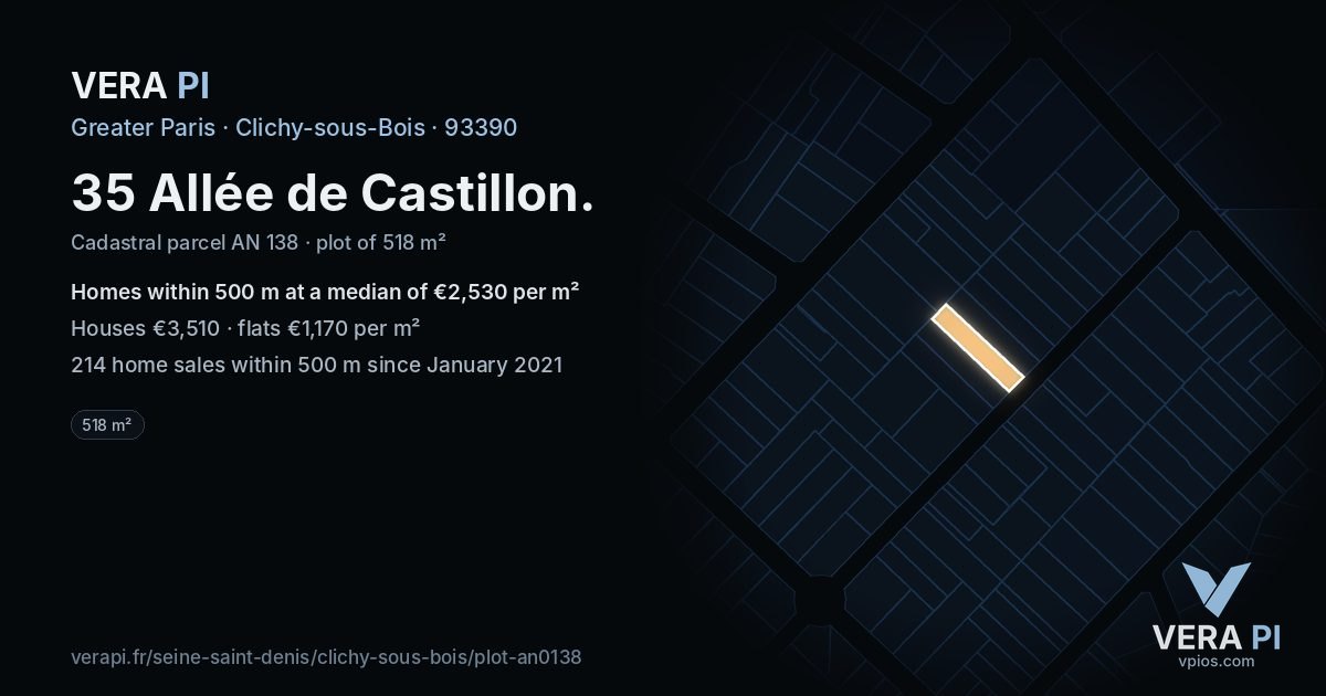 35 Allée de Castillon, Clichy-sous-Bois at night – the plot lit, the parcels around coloured by the prices near them