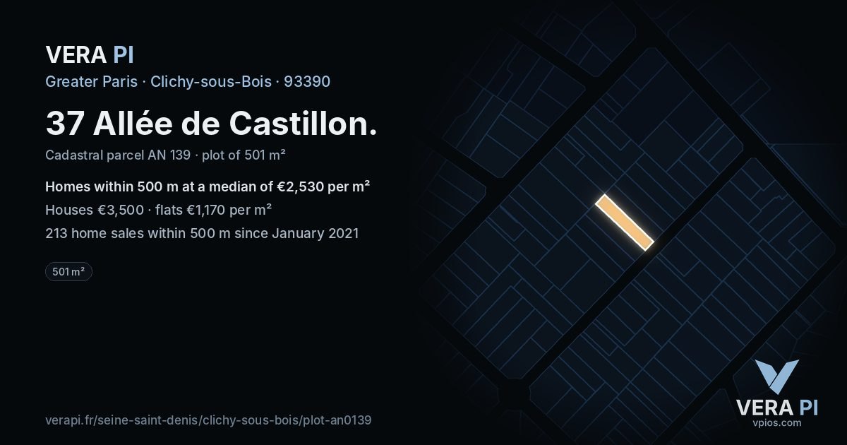 37 Allée de Castillon, Clichy-sous-Bois at night – the plot lit, the parcels around coloured by the prices near them