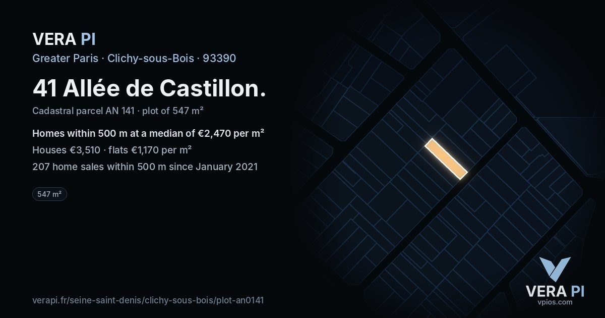 41 Allée de Castillon, Clichy-sous-Bois at night – the plot lit, the parcels around coloured by the prices near them