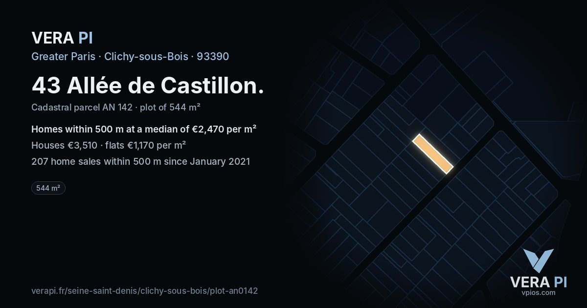 43 Allée de Castillon, Clichy-sous-Bois at night – the plot lit, the parcels around coloured by the prices near them