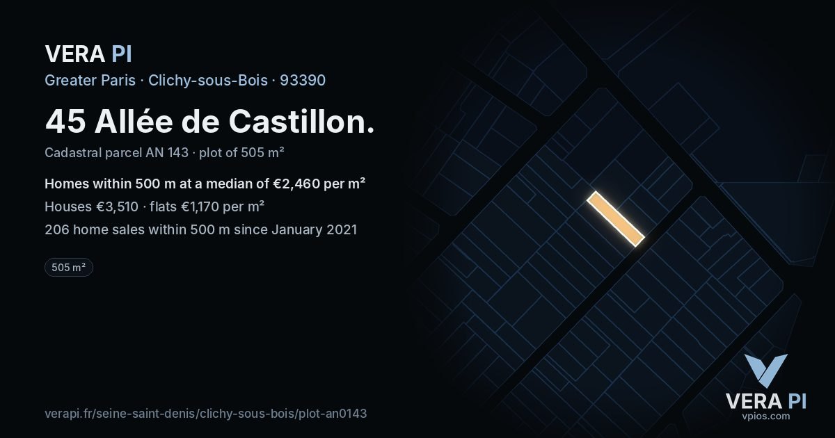 45 Allée de Castillon, Clichy-sous-Bois at night – the plot lit, the parcels around coloured by the prices near them