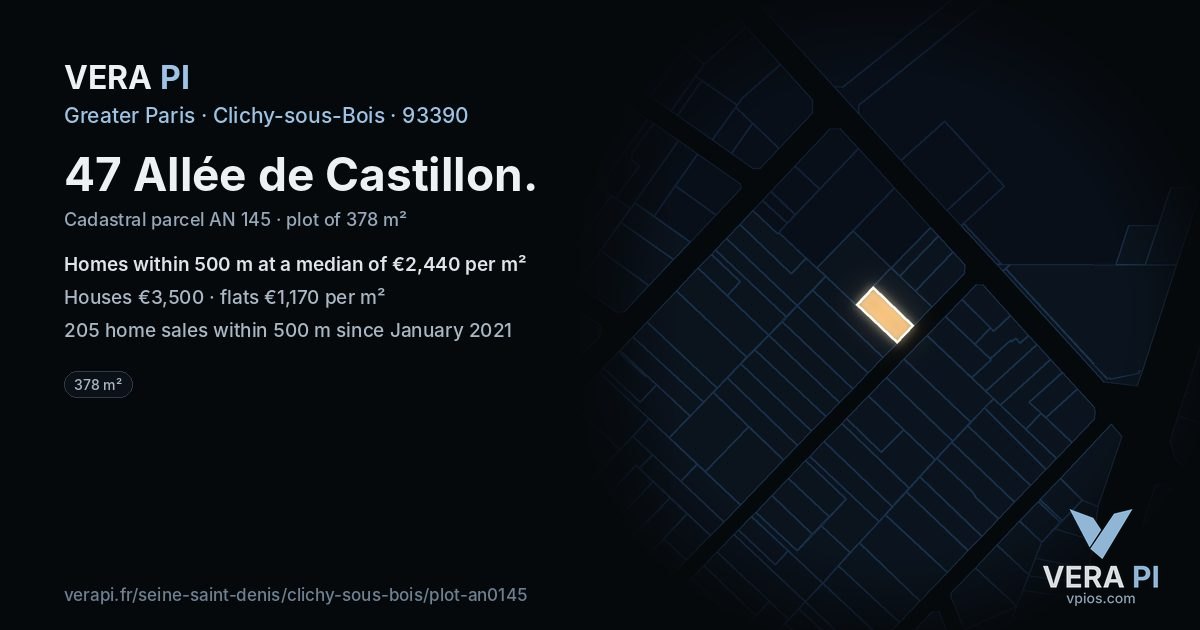47 Allée de Castillon, Clichy-sous-Bois at night – the plot lit, the parcels around coloured by the prices near them