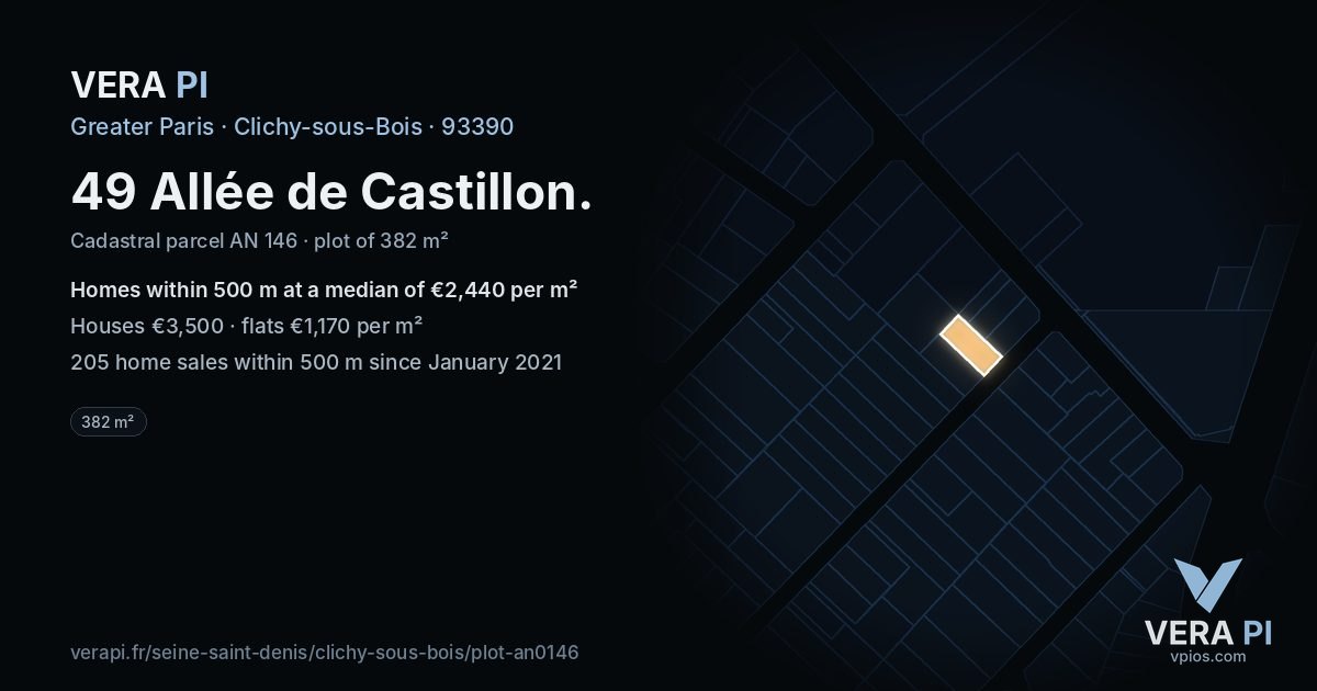 49 Allée de Castillon, Clichy-sous-Bois at night – the plot lit, the parcels around coloured by the prices near them