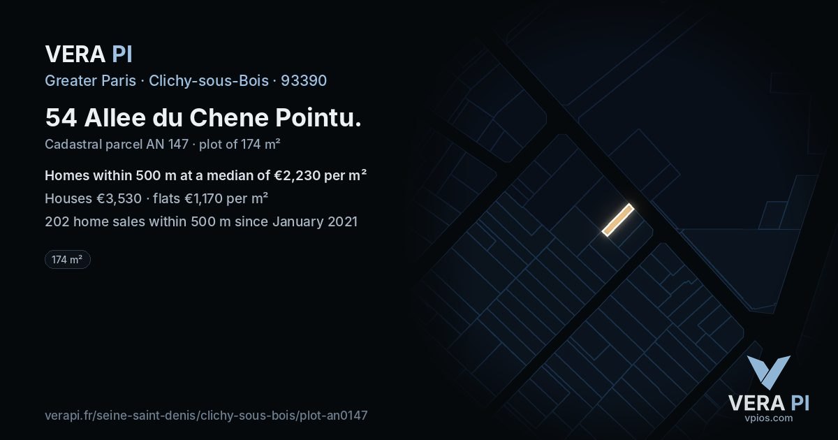 54 Allee du Chene Pointu, Clichy-sous-Bois at night – the plot lit, the parcels around coloured by the prices near them