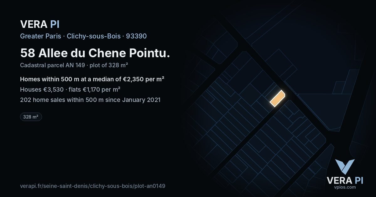 58 Allee du Chene Pointu, Clichy-sous-Bois at night – the plot lit, the parcels around coloured by the prices near them