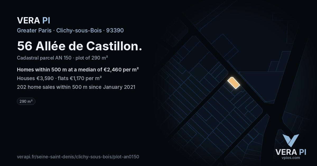 56 Allée de Castillon, Clichy-sous-Bois at night – the plot lit, the parcels around coloured by the prices near them